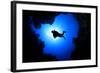 Scuba Diver Swims over Underwater Cave, Silhouette against Sun-Rich Carey-Framed Photographic Print