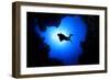 Scuba Diver Swims over Underwater Cave, Silhouette against Sun-Rich Carey-Framed Photographic Print