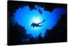 Scuba Divers Descend into an Underwater Cavern. Silhouettes against Sunburst-Rich Carey-Stretched Canvas