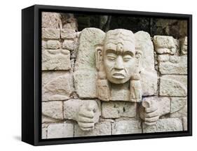 Sculpted Head Stone at Mayan Archeological Site, Copan Ruins, UNESCO World Heritage Site, Honduras-Christian Kober-Framed Stretched Canvas