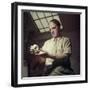 Sculptor Henry Moore Holding a Small Sculpture in His Studio in Much Hadham, England-Gjon Mili-Framed Premium Photographic Print