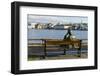 Sculpture of a man sitting on a park bench in front of Tjornin Lake and the Historic Centre of Rykj-Miles Ertman-Framed Photographic Print