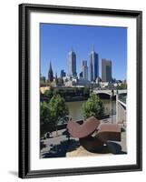 Sculpture on Yarra River Embankment and City Skyline, Melbourne, Victoria, Australia, Pacific-Hans Peter Merten-Framed Photographic Print