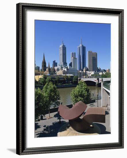 Sculpture on Yarra River Embankment and City Skyline, Melbourne, Victoria, Australia, Pacific-Hans Peter Merten-Framed Photographic Print