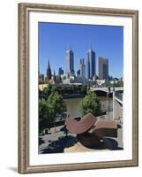 Sculpture on Yarra River Embankment and City Skyline, Melbourne, Victoria, Australia, Pacific-Hans Peter Merten-Framed Photographic Print