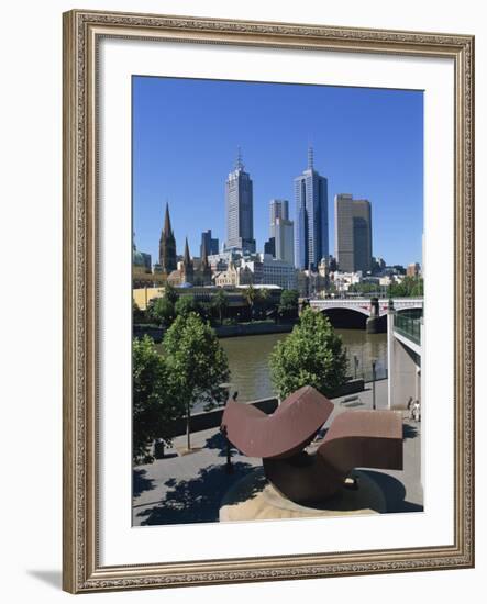 Sculpture on Yarra River Embankment and City Skyline, Melbourne, Victoria, Australia, Pacific-Hans Peter Merten-Framed Photographic Print