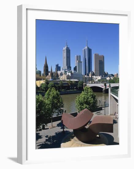 Sculpture on Yarra River Embankment and City Skyline, Melbourne, Victoria, Australia, Pacific-Hans Peter Merten-Framed Photographic Print