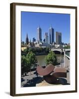 Sculpture on Yarra River Embankment and City Skyline, Melbourne, Victoria, Australia, Pacific-Hans Peter Merten-Framed Photographic Print