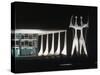 Sculptures in Front of Oscar Niemeyer Designed Building Lit Up at Night-Dmitri Kessel-Stretched Canvas