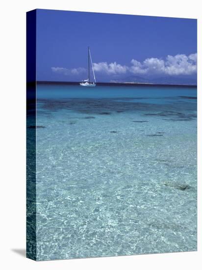 Sea and Sailing Boat, Formentera, Balearic Islands, Spain, Mediterranean, Europe-Vincenzo Lombardo-Stretched Canvas