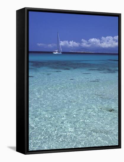 Sea and Sailing Boat, Formentera, Balearic Islands, Spain, Mediterranean, Europe-Vincenzo Lombardo-Framed Stretched Canvas