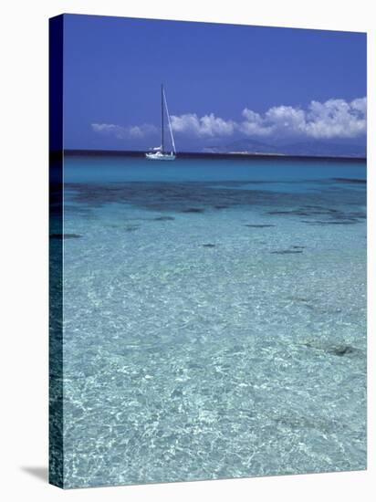 Sea and Sailing Boat, Formentera, Balearic Islands, Spain, Mediterranean, Europe-Vincenzo Lombardo-Stretched Canvas