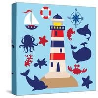 Sea Animal,Sea Horse,Jellyfish,Crab,Vector,Cartoon,Illustration-Svetlana Peskin-Stretched Canvas