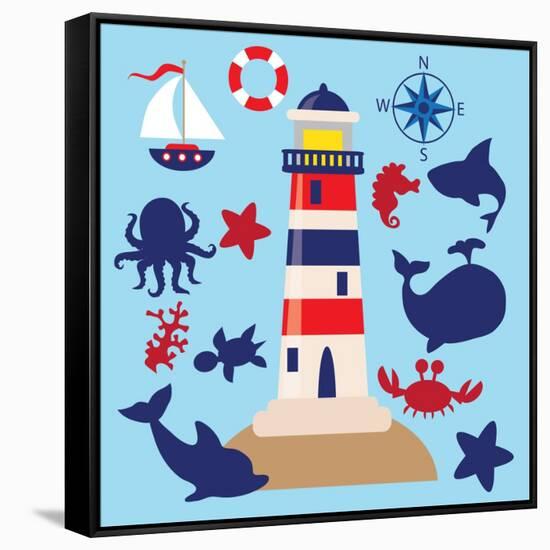 Sea Animal,Sea Horse,Jellyfish,Crab,Vector,Cartoon,Illustration-Svetlana Peskin-Framed Stretched Canvas