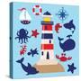 Sea Animal,Sea Horse,Jellyfish,Crab,Vector,Cartoon,Illustration-Svetlana Peskin-Stretched Canvas