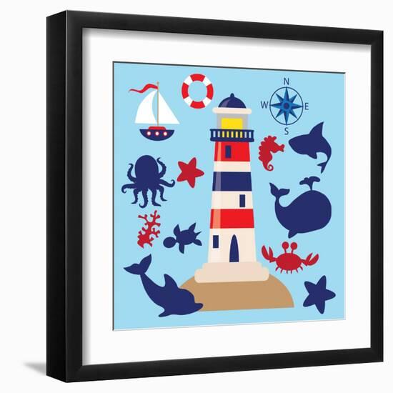 Sea Animal,Sea Horse,Jellyfish,Crab,Vector,Cartoon,Illustration-Svetlana Peskin-Framed Art Print