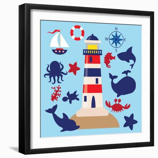 Sea Animal,Sea Horse,Jellyfish,Crab,Vector,Cartoon,Illustration-Svetlana Peskin-Framed Art Print