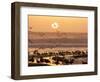 Sea Birds on Beach, Sun Setting in Mist, Santa Cruz Coast, California, USA,-Tom Norring-Framed Photographic Print