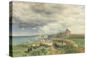 Sea Coast with Castle, Sheep and Shepherd (Watercolour and Scratching Out on Paper)-Samuel Bough-Stretched Canvas