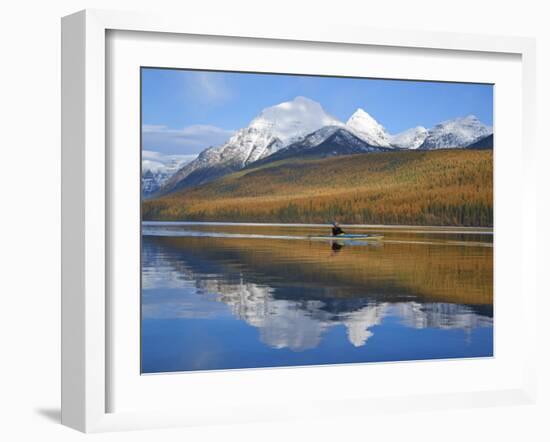 Sea Kayaker on Bowman Lake in Autumn in Glacier National Park, Montana, USA-Chuck Haney-Framed Photographic Print