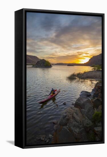 Sea Kayaker Paddling at Sunrise, Alkili Lake, Washington, USA-Gary Luhm-Framed Stretched Canvas