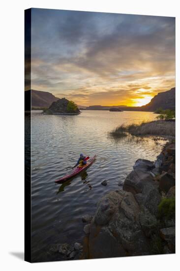 Sea Kayaker Paddling at Sunrise, Alkili Lake, Washington, USA-Gary Luhm-Stretched Canvas