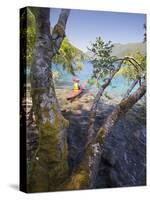 Sea Kayaker with Alder (Alnus Rubra), Crescent Lake, Washington, USA-Gary Luhm-Stretched Canvas