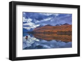 Sea kayaking on Bowman Lake in autumn in Glacier National Park, Montana, USA-Chuck Haney-Framed Photographic Print