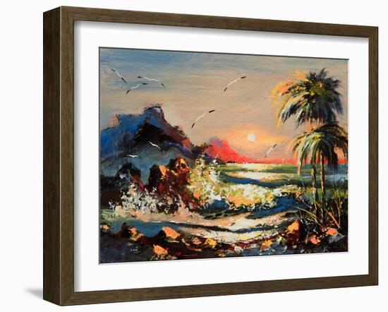 Sea Landscape With Palm Trees And Seagulls-balaikin2009-Framed Art Print