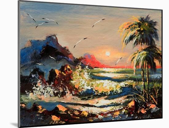 Sea Landscape With Palm Trees And Seagulls-balaikin2009-Mounted Art Print