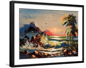 Sea Landscape With Palm Trees And Seagulls-balaikin2009-Framed Art Print