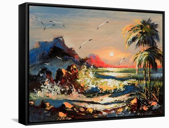 Sea Landscape With Palm Trees And Seagulls-balaikin2009-Framed Stretched Canvas