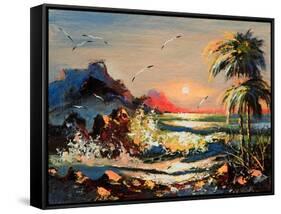 Sea Landscape With Palm Trees And Seagulls-balaikin2009-Framed Stretched Canvas