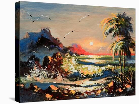 Sea Landscape With Palm Trees And Seagulls-balaikin2009-Stretched Canvas
