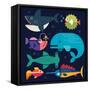 Sea Life. Big Fish: Whale, Shark, Swordfish, Fish. Vector Flat Illustrations-Beresnev-Framed Stretched Canvas