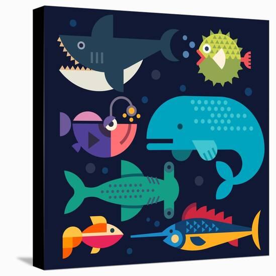 Sea Life. Big Fish: Whale, Shark, Swordfish, Fish. Vector Flat Illustrations-Beresnev-Stretched Canvas