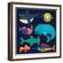 Sea Life. Big Fish: Whale, Shark, Swordfish, Fish. Vector Flat Illustrations-Beresnev-Framed Art Print