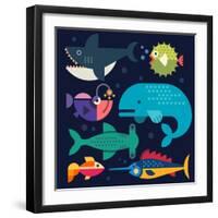 Sea Life. Big Fish: Whale, Shark, Swordfish, Fish. Vector Flat Illustrations-Beresnev-Framed Art Print