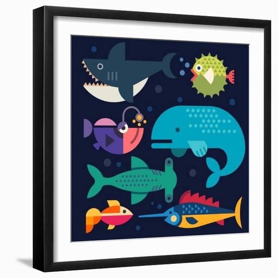 Sea Life. Big Fish: Whale, Shark, Swordfish, Fish. Vector Flat Illustrations-Beresnev-Framed Art Print