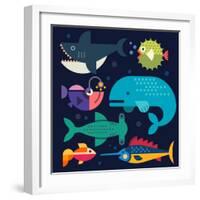 Sea Life. Big Fish: Whale, Shark, Swordfish, Fish. Vector Flat Illustrations-Beresnev-Framed Art Print