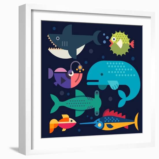 Sea Life. Big Fish: Whale, Shark, Swordfish, Fish. Vector Flat Illustrations-Beresnev-Framed Art Print