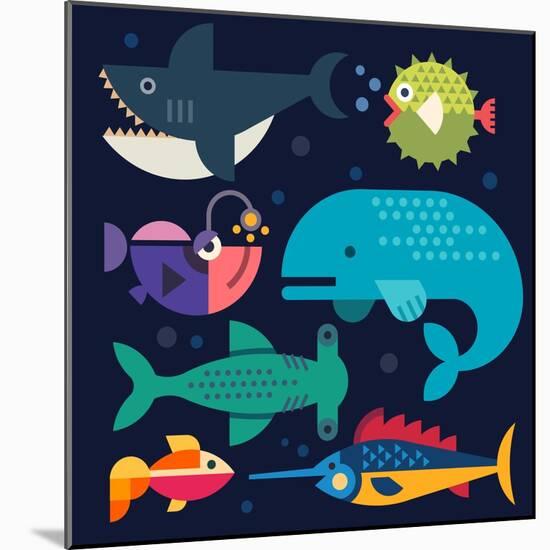 Sea Life. Big Fish: Whale, Shark, Swordfish, Fish. Vector Flat Illustrations-Beresnev-Mounted Art Print