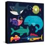 Sea Life. Big Fish: Whale, Shark, Swordfish, Fish. Vector Flat Illustrations-Beresnev-Stretched Canvas