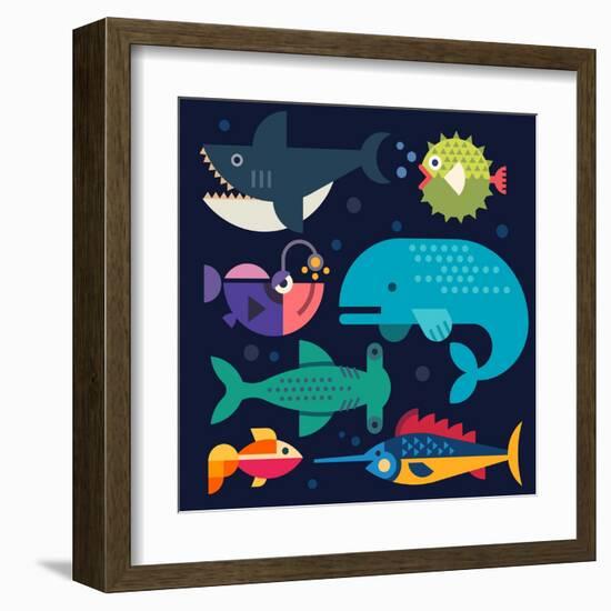 Sea Life. Big Fish: Whale, Shark, Swordfish, Fish. Vector Flat Illustrations-Beresnev-Framed Art Print