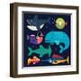 Sea Life. Big Fish: Whale, Shark, Swordfish, Fish. Vector Flat Illustrations-Beresnev-Framed Art Print