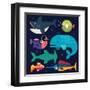 Sea Life. Big Fish: Whale, Shark, Swordfish, Fish. Vector Flat Illustrations-Beresnev-Framed Art Print