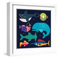 Sea Life. Big Fish: Whale, Shark, Swordfish, Fish. Vector Flat Illustrations-Beresnev-Framed Art Print