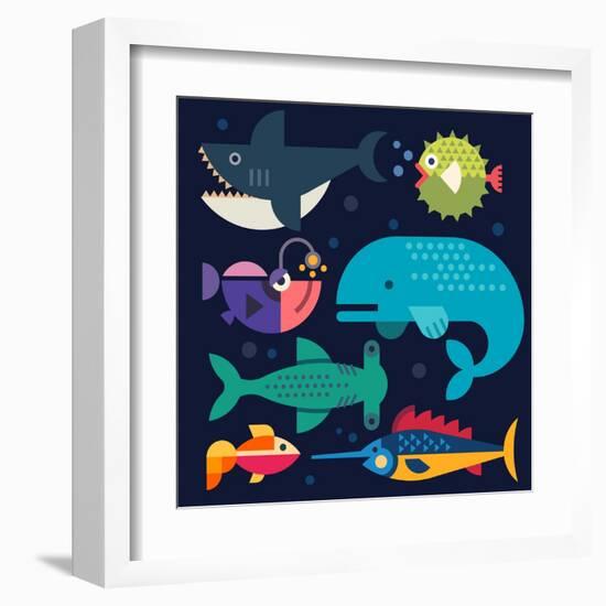 Sea Life. Big Fish: Whale, Shark, Swordfish, Fish. Vector Flat Illustrations-Beresnev-Framed Art Print