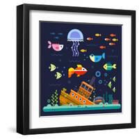 Sea Life. Underwater World. Fish, Jellyfish, Sea Bottom, Backwaters Ship, Algae, Treasure. Vector F-Beresnev-Framed Art Print