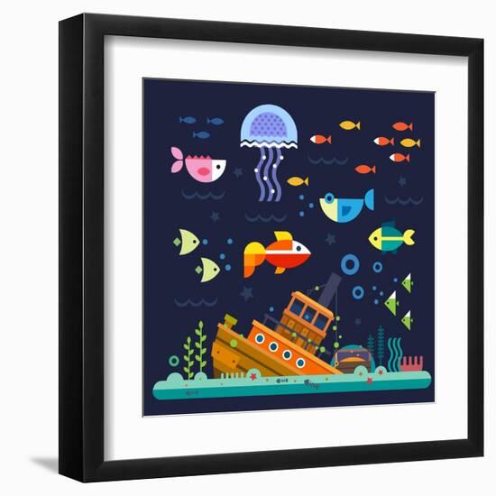 Sea Life. Underwater World. Fish, Jellyfish, Sea Bottom, Backwaters Ship, Algae, Treasure. Vector F-Beresnev-Framed Art Print